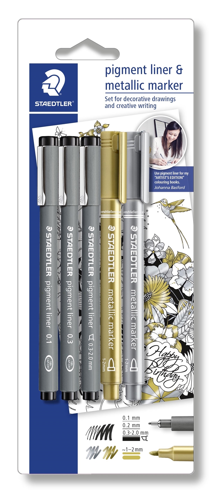 Staedtler Fineliner pigment liner noir + argent et or (3+2)