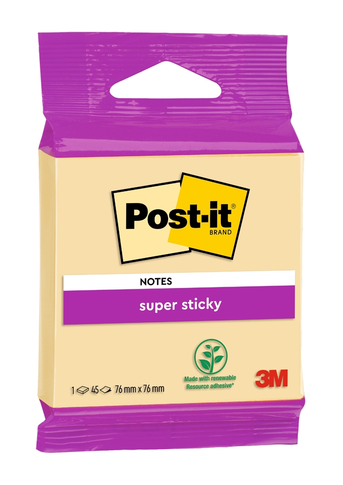 3M Notes Post-it super collantes de couleur jaune canari, 76 x 76 mm - 45 feuilles.