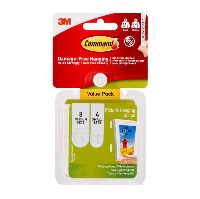 3M Command bandes blanches petites et moyennes pour accrocher des photos.