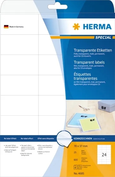 HERMA film d\'étiquettes 70 x 37 transparentes mates mm, 600 pièces.