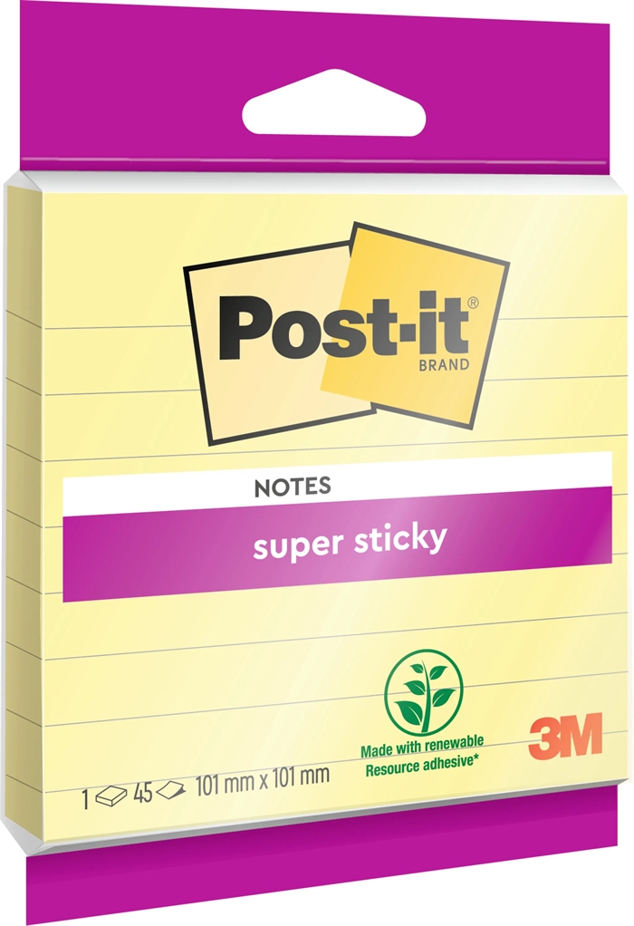 3M Post-it notes super collants Jaune canari lignés 101 x 101mm - 45 feuilles