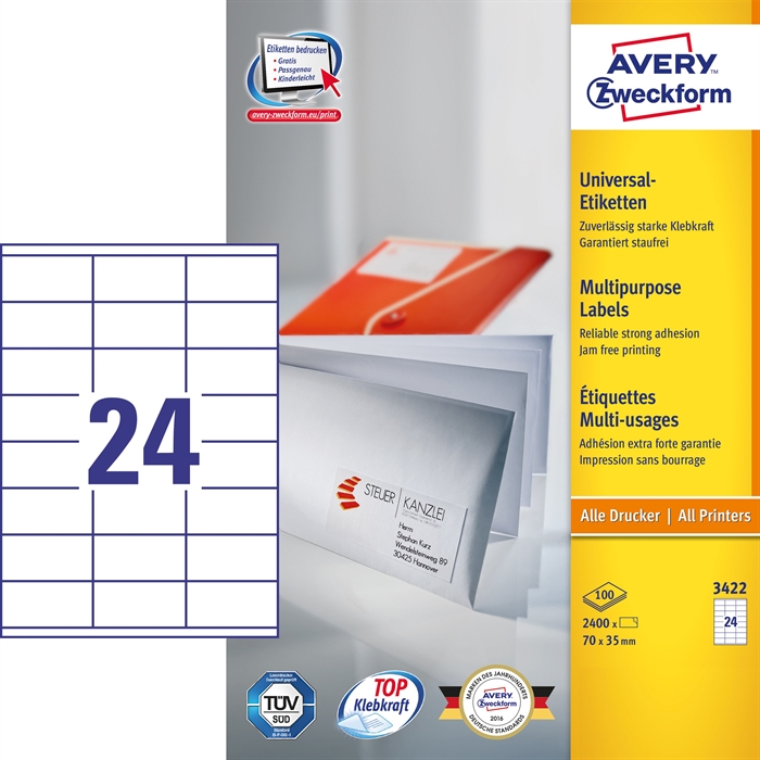 Avery ILC étiquette universelle 70 x 35 mm, 2400 pièces.