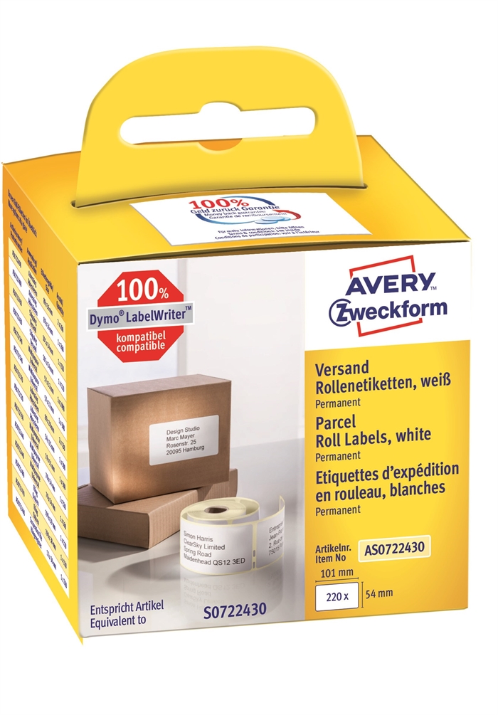 Étiquettes d\'expédition Avery sur un rouleau de 101 x 54 mm, 220 pièces.