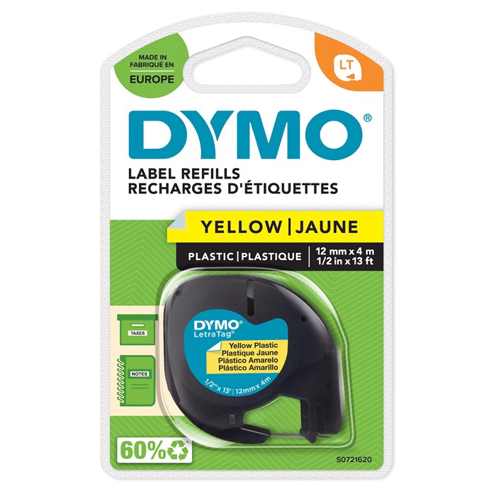 Tape LetraTag plastique 12mm x 4m jaune