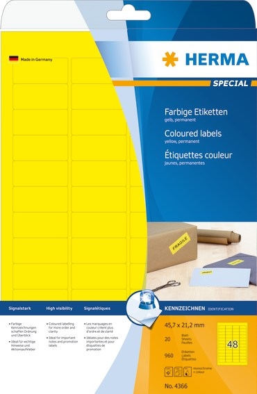 HERMA étiquette Spéciale 45,7 x 21,2 mm jaune, 960 pièces.