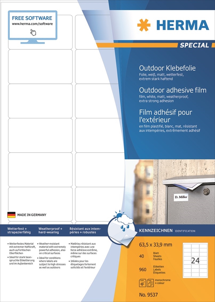 HERMA étiquettes film extra résistantes 63,3 x 33,9 mm, 960 pièces.