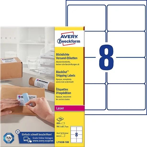 Avery adresseetiket 99,1 x 67,7 mm BlockOut mm, 800 stk. 

Etiquettes d\'adresse Avery 99,1 x 67,7 mm BlockOut mm, 800 pièces.